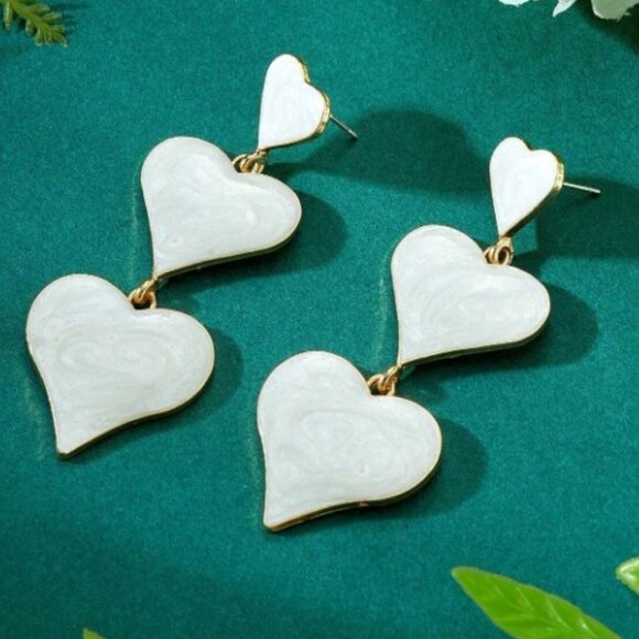 Vintage Style White Marble Heart Shaped Dangle Drop Statement Earrings #202 - Picture 5 of 5